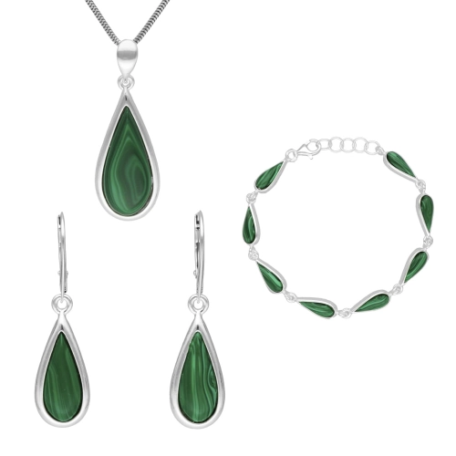 Komplet łezki z malachitem srebro