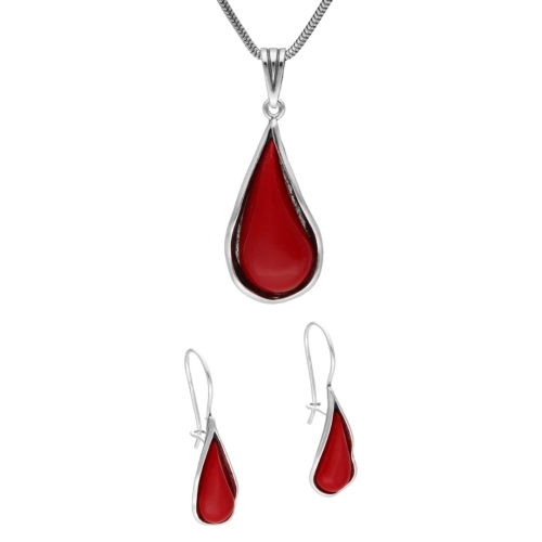 Komplet łezki z koralem srebro