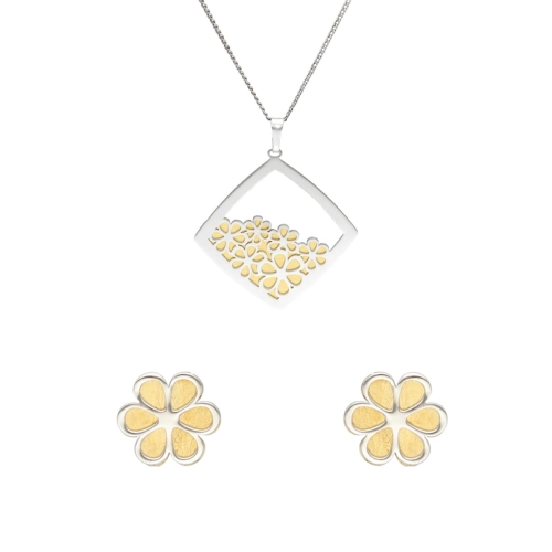 Komplet ze złotym tytanem kwiaty srebro