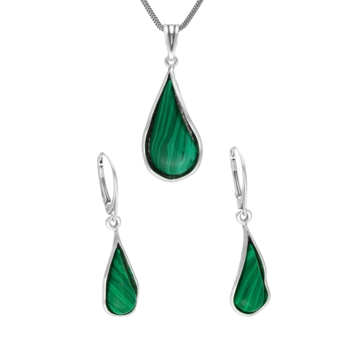 Komplet łezki z malachitem srebro