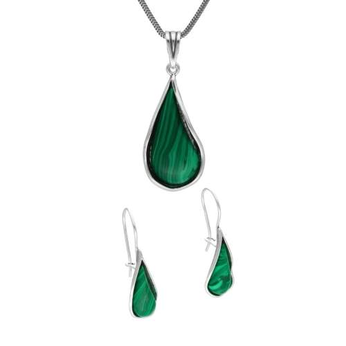 Komplet łezki z malachitem srebro