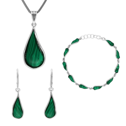 Komplet łezki z malachitem srebro