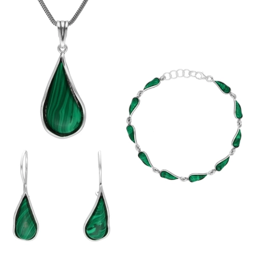 Komplet łezki z malachitem srebro