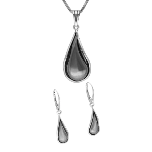 Komplet łezki z hematytem srebro