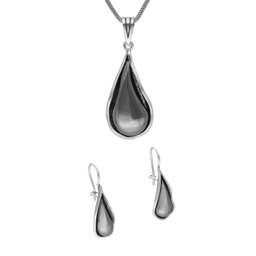 Komplet łezki z hematytem srebro