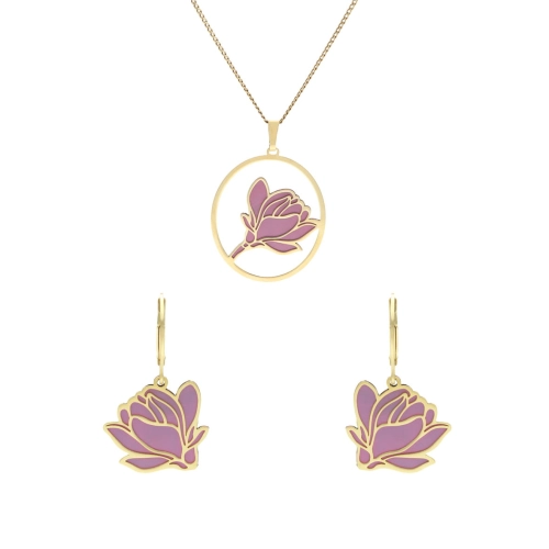 Komplet fioletowy kwiat tytan srebro pozłacane