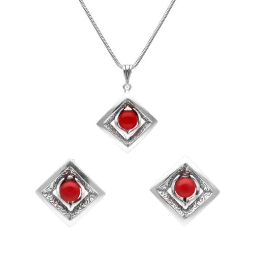 Komplet romby z koralem srebro oksydowane