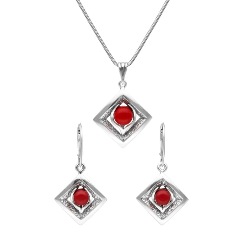 Komplet romby z koralem srebro oksydowane