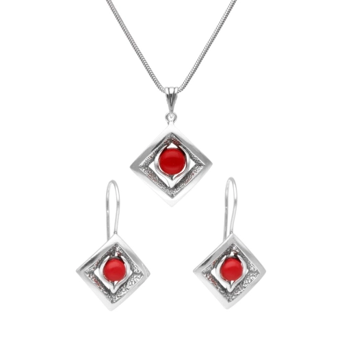 Komplet romby z koralem srebro oksydowane