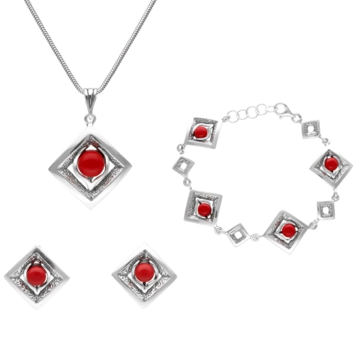 Komplet romby z koralem srebro oksydowane