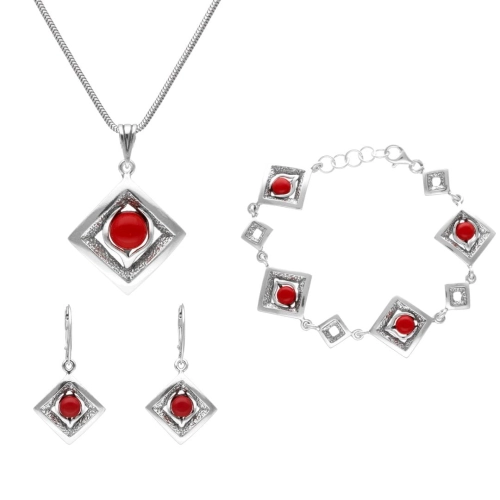 Komplet romby z koralem srebro oksydowane