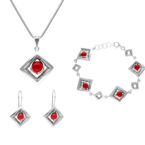 Komplet romby z koralem srebro oksydowane