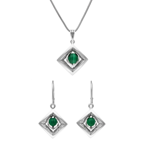 Komplet romby z malachitem srebro oksydowane