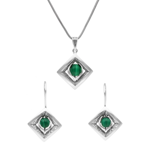 Komplet romby z malachitem srebro oksydowane