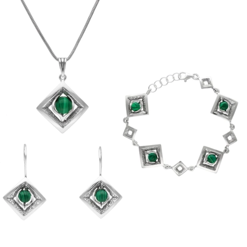 Komplet romby z malachitem srebro oksydowane