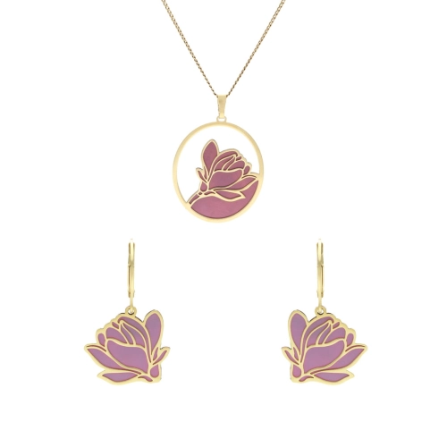 Komplet fioletowy kwiat tytan srebro pozłacane