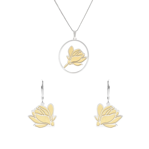 Komplet złoty kwiat tytan srebro rodowane