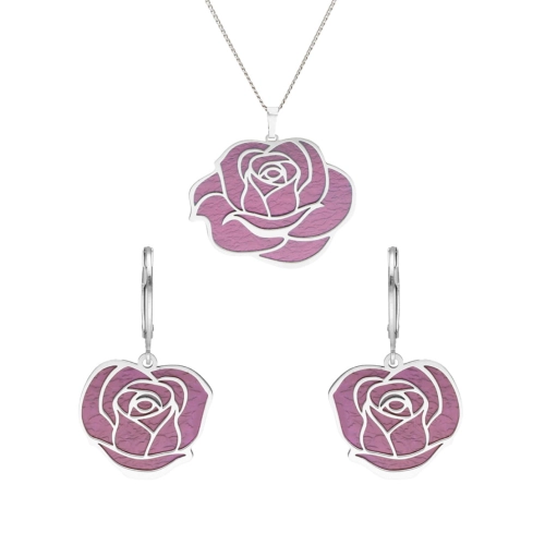 Komplet fioletowy kwiat roża tytan srebro