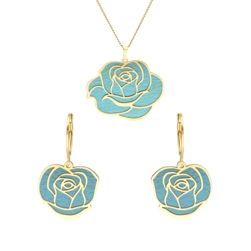 Komplet turkusowy kwiat roża tytan srebro pozłacane