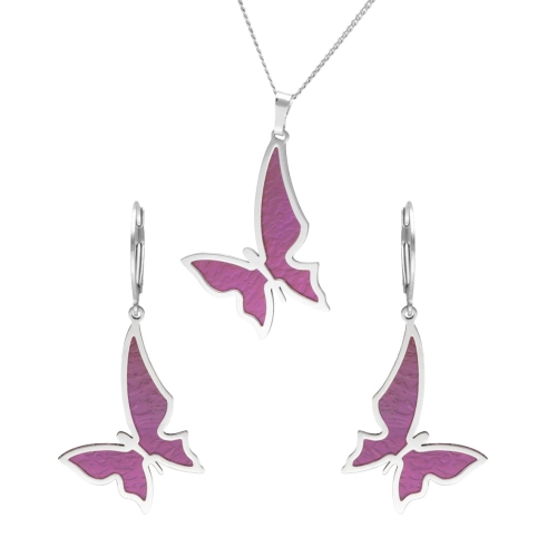 Komplet fioletowe motyle tytan srebro