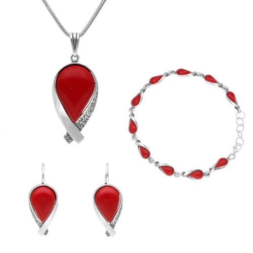 Komplet z koralem srebro oksydowane