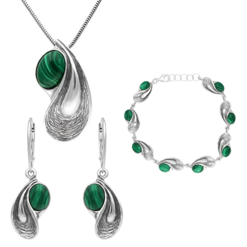Komplet z malachitem srebro oksydowane