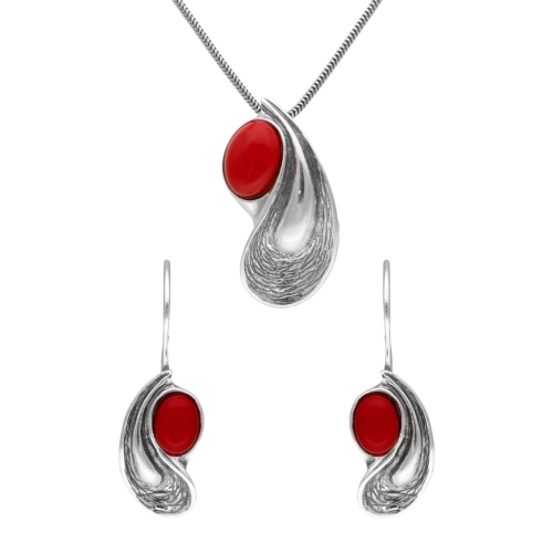 Komplet z koralem srebro oksydowane