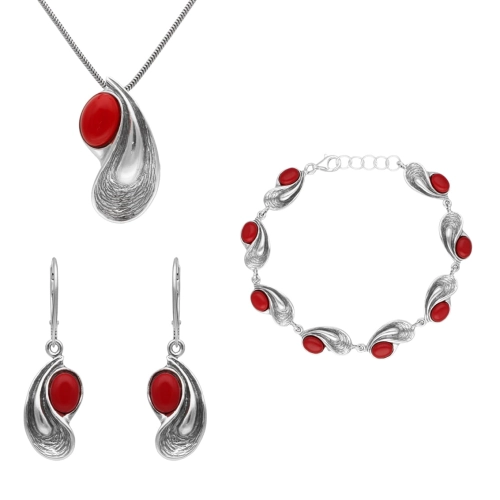 Komplet z koralem srebro oksydowane