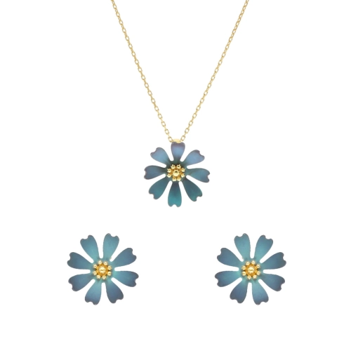 Komplet kwiaty turkusowe chabry tytan srebro pozłacane
