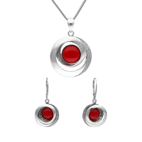 Komplet geometryczny z koralem srebro oksydowane