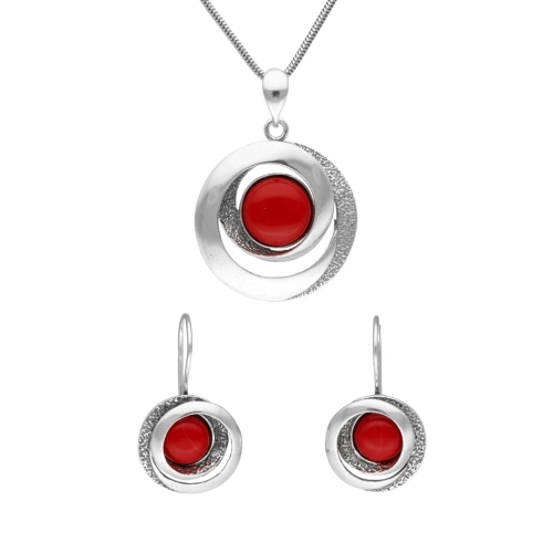 Komplet geometryczny z koralem srebro oksydowane