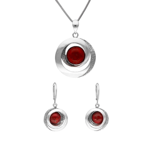 Komplet geometryczny z koralem ze złotą nitką srebro