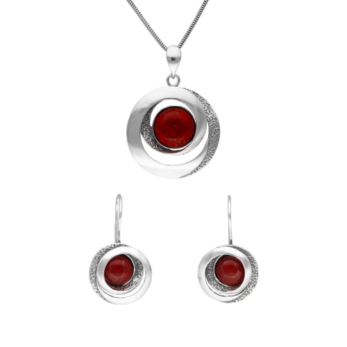 Komplet geometryczny z koralem ze złotą nitką srebro