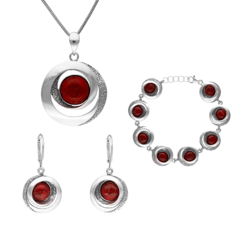 Komplet geometryczny z koralem ze złotą nitką srebro