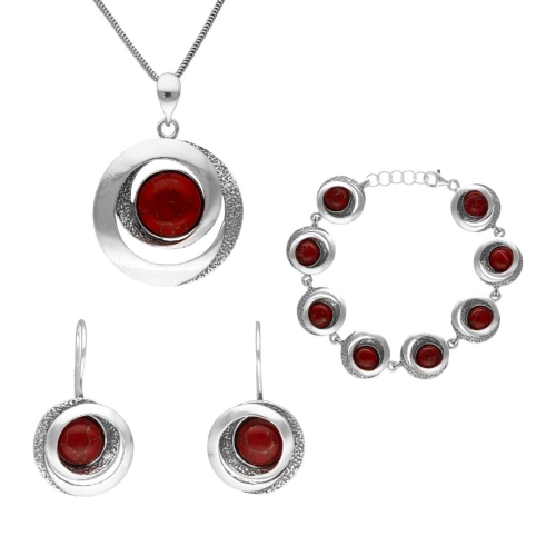 Komplet geometryczny z koralem ze złotą nitką srebro