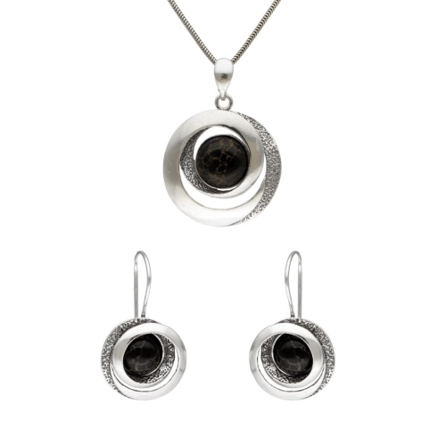 Komplet geometryczny z onyksem ze złotą nitką srebro