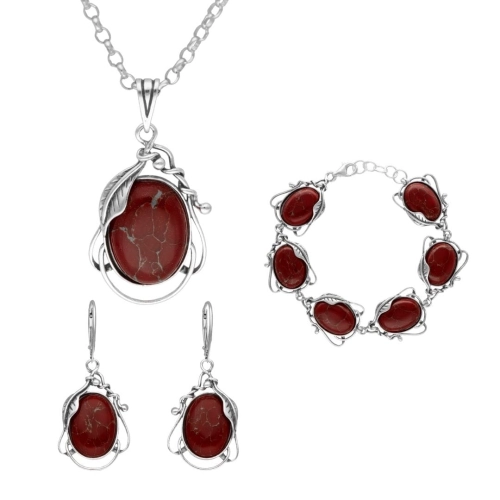 Komplet srebrny z koralem ze złotą nitką motyw roślinny