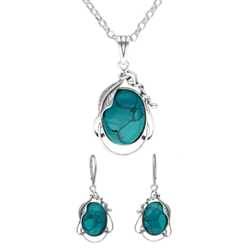 Komplet srebrny z chryzokolą motyw roślinny