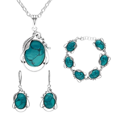 Komplet srebrny z chryzokolą motyw roślinny