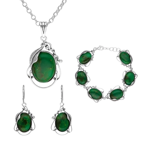 Komplet srebrny z jadeitem motyw roślinny