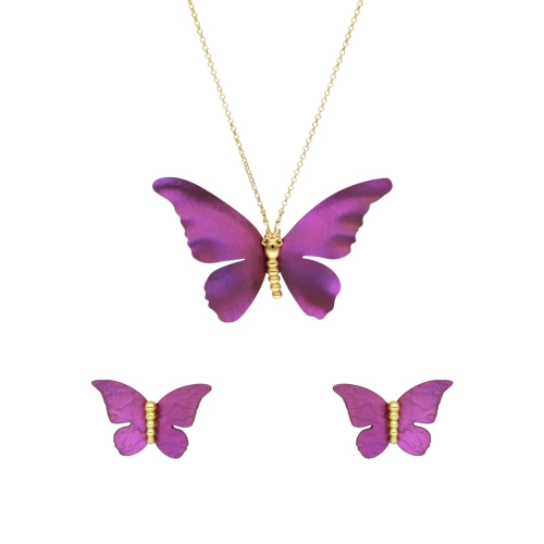 Komplet motylki fioletowe tytan srebro pozłacane
