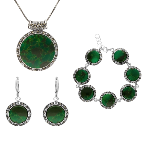 Komplet srebrny z jadeitem i markazytami