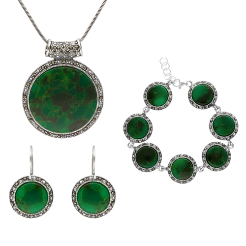 Komplet srebrny z jadeitem i markazytami