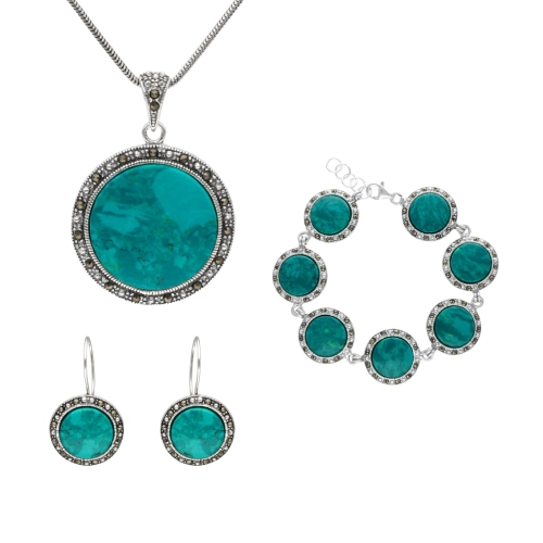 Komplet srebrny z chryzokolą i markazytami