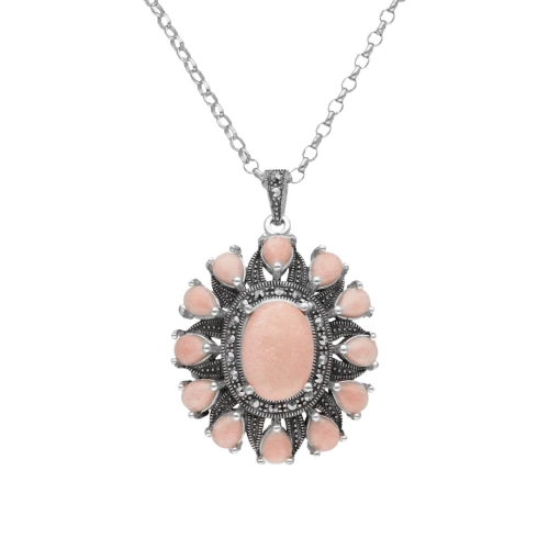 Wisior srebrny z różową masą perłową i markazytami