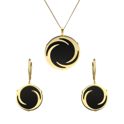 Komplet srebrny z onyksem okrągły pozłacany