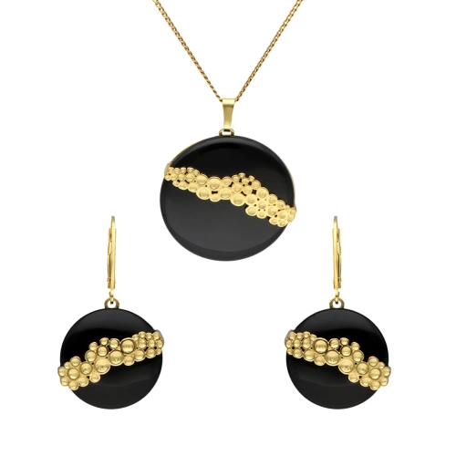 Komplet srebrny z onyksem okrągły pozłacany