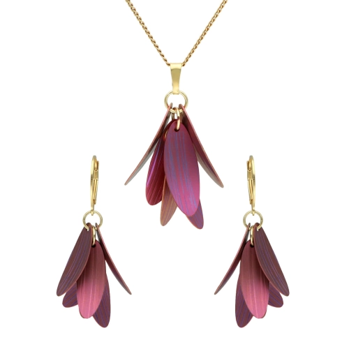 Komplet płatki kwiatów fioletowy tytan srebro pozłacane