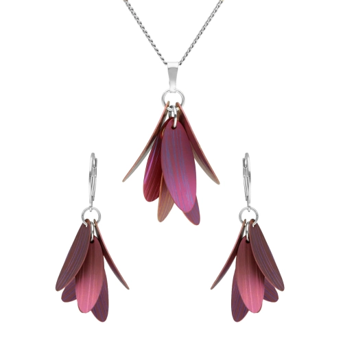 Komplet płatki kwiatów fioletowy tytan srebro