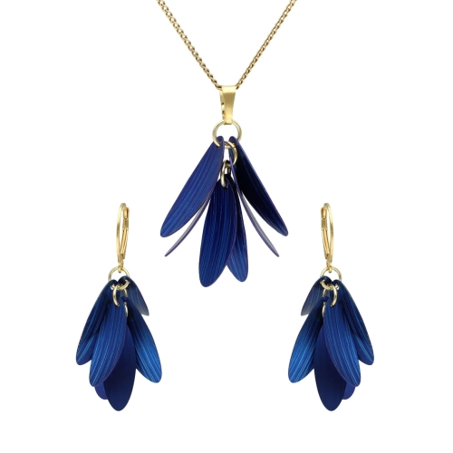 Komplet płatki kwiatów granatowy tytan srebro pozłacane